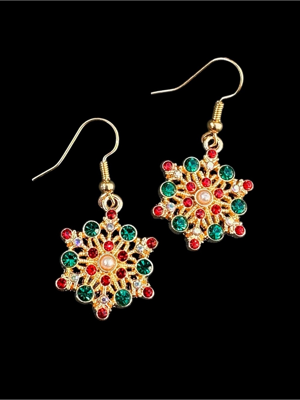 Christmas Gold Tone Multicolor Rhinestone Snowflake Dangle Earrings, Green Red